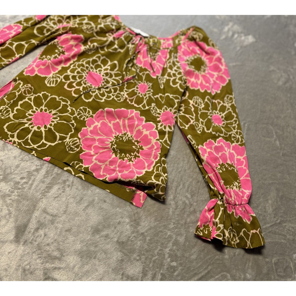 Trina Turk Los Angeles Floral Blouse Olive Green Pink SZ L Boho Peasant Top - Picture 8 of 10